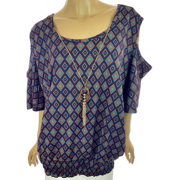 Goddess Tops - Goddess Cold-Shoulder Sz 3X Top Blouse Attached Necklace Stretch Hem Maroon/Blue
